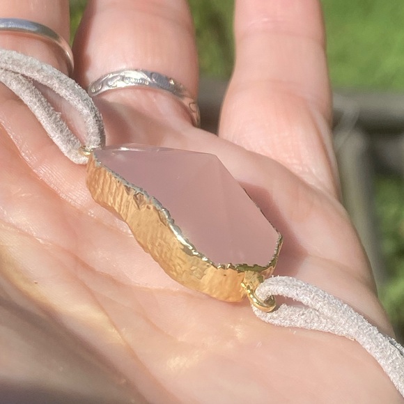 Gold dipped Rose Quartz choker necklace gray leather adjustable ties - Picture 3 of 11